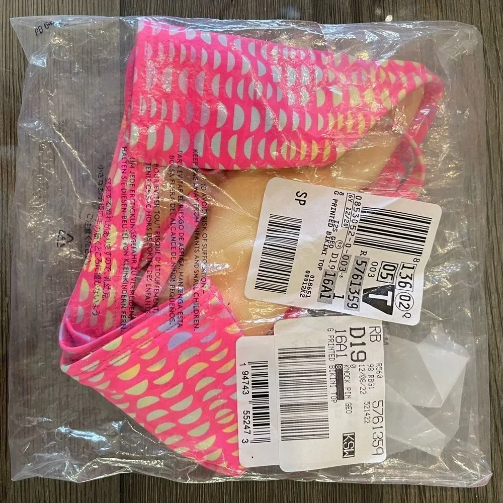Lands’ End Bright Pink Geo Printed Bikini Top Size 8 New